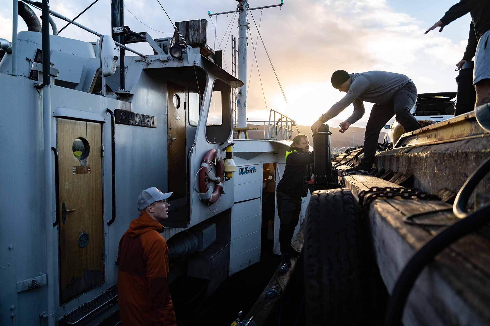 Loading dive gear on MS Galten Narvik